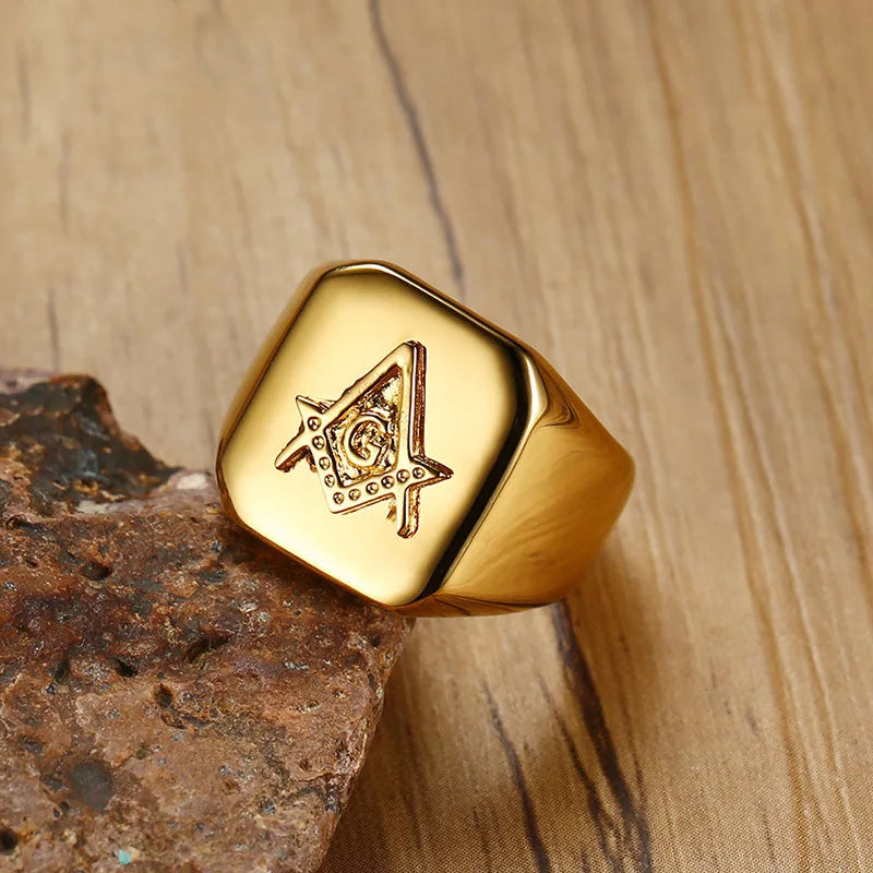Gold Color Men's Masonic Compass Square Free Mason Ring