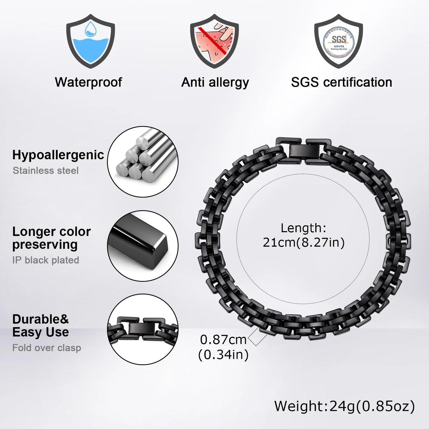 8.7mm Stainless Steel Strap Chain Bracelet for Men