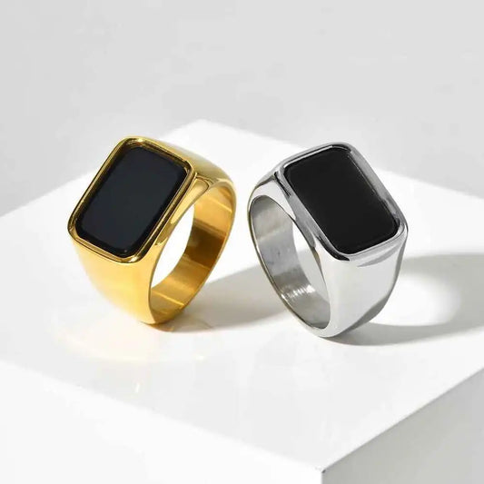 Men's Stainless Steel Geometric Glass Stone Signet Ring