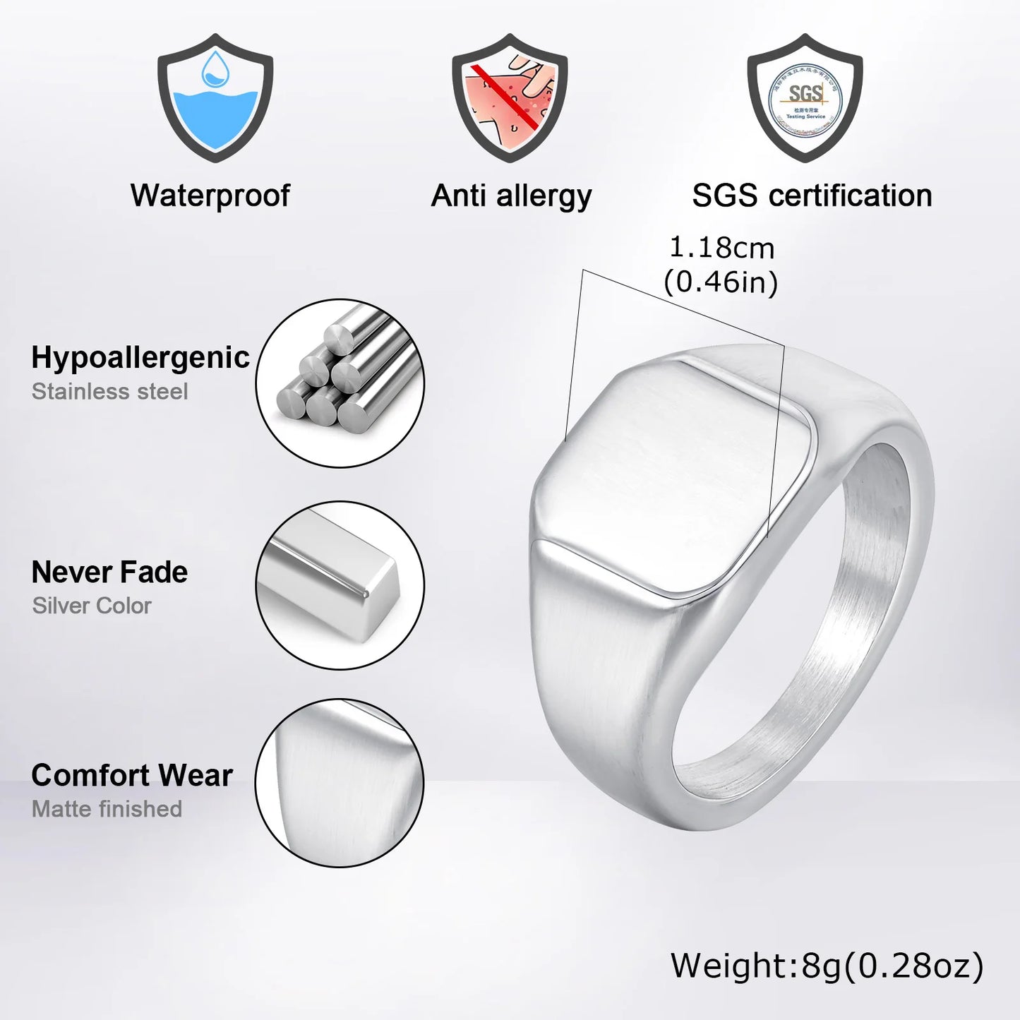 Brushed Square Signet Ring, Stainless Steel