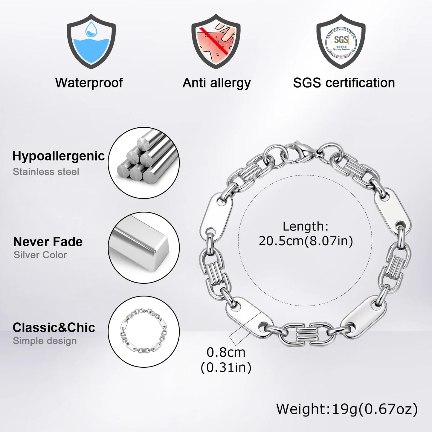 8MM Stainless Steel Link Chain Bracelet for Men