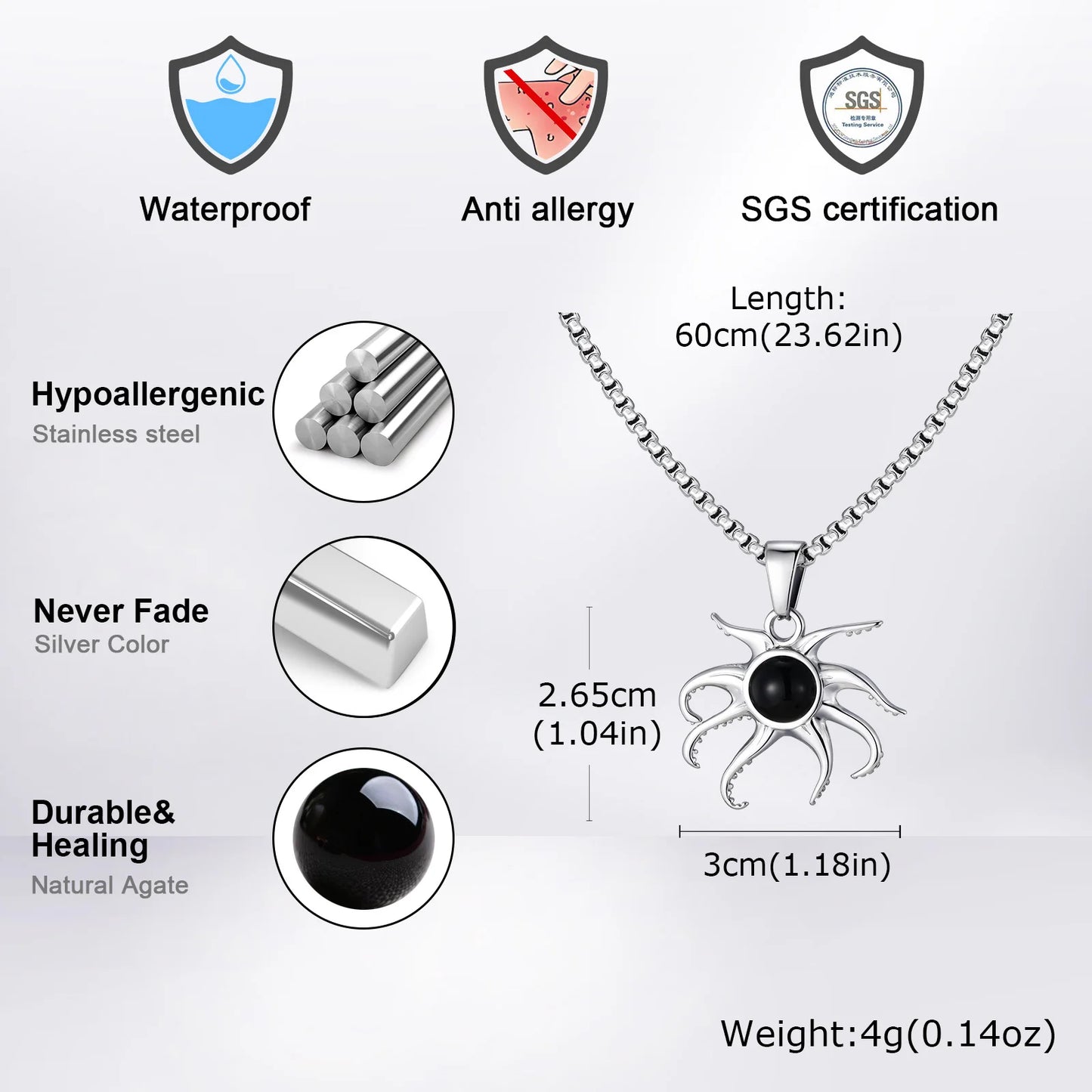 Black Agate Octopus Pendant Necklace for Men