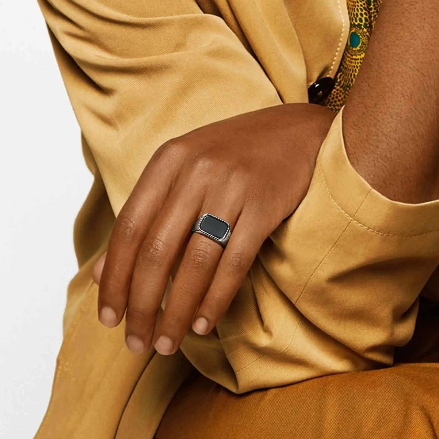 Men's Stainless Steel Geometric Glass Stone Signet Ring