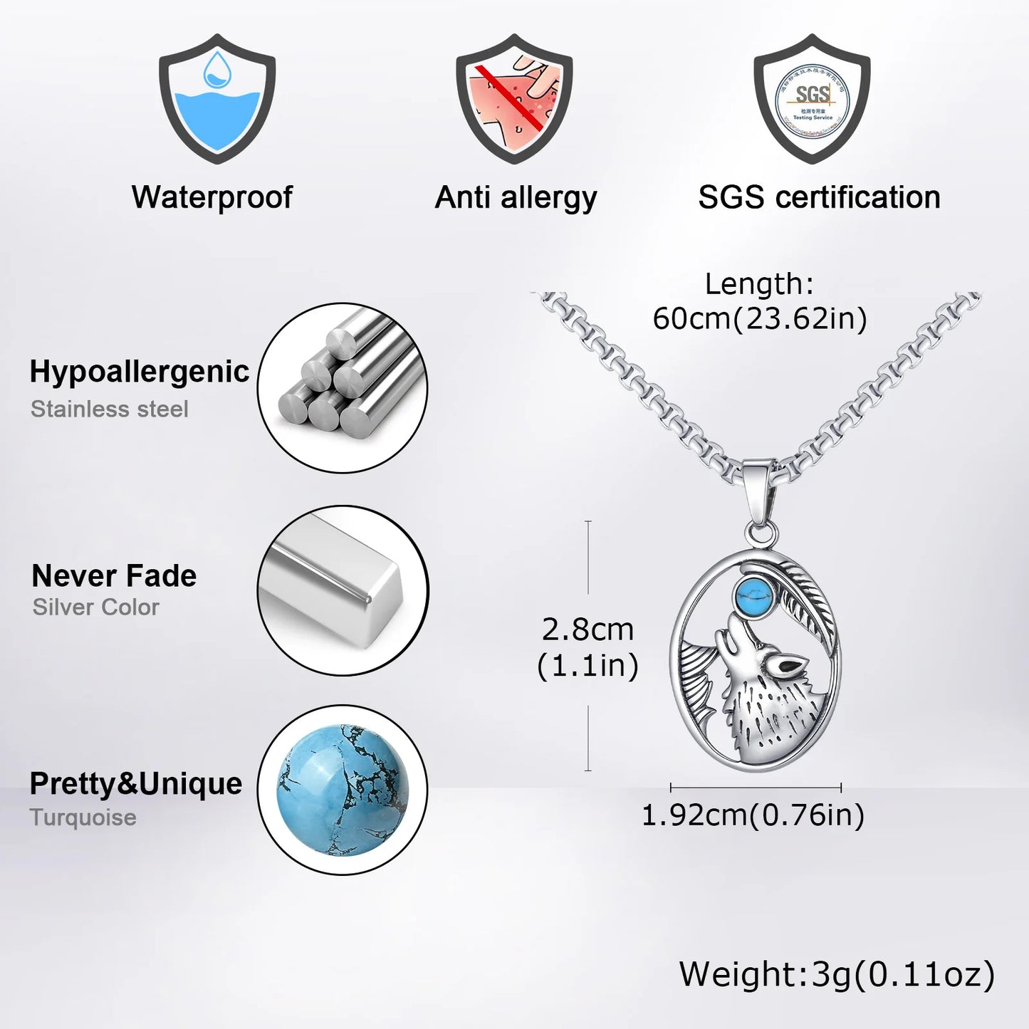 Wolf Head Turquoise Pendant Necklace for Men