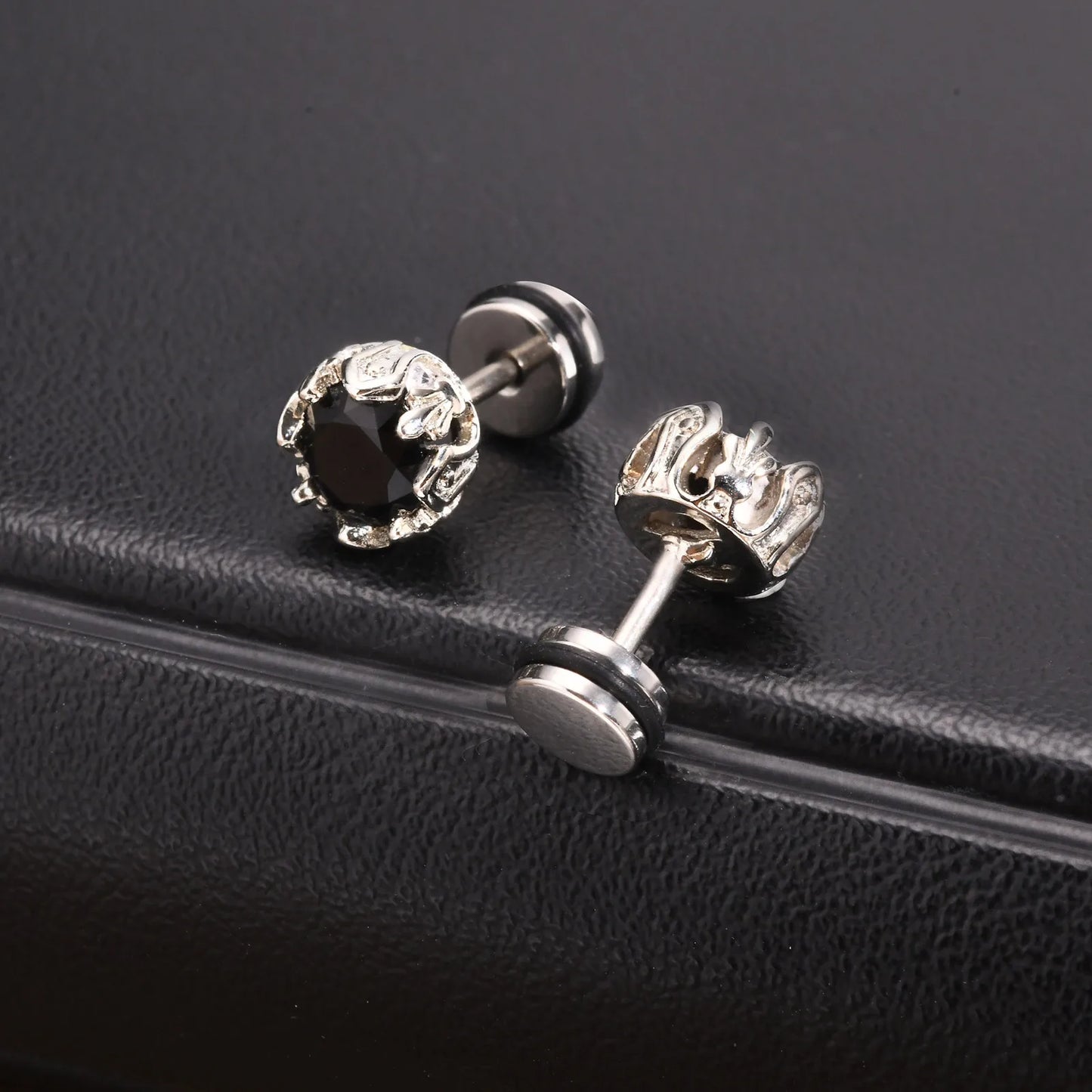 Stainless Steel Black Onyx Cubic Zircon Earrings for Men