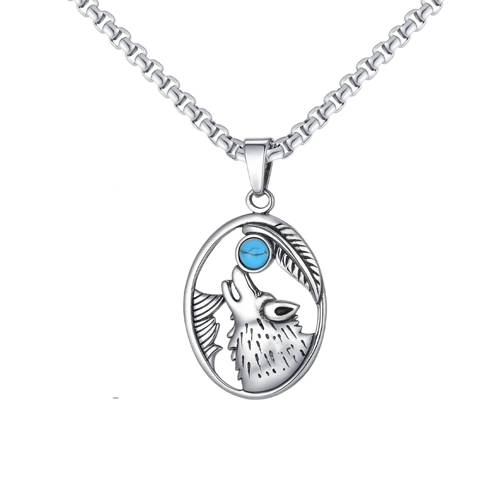Wolf Head Turquoise Pendant Necklace for Men