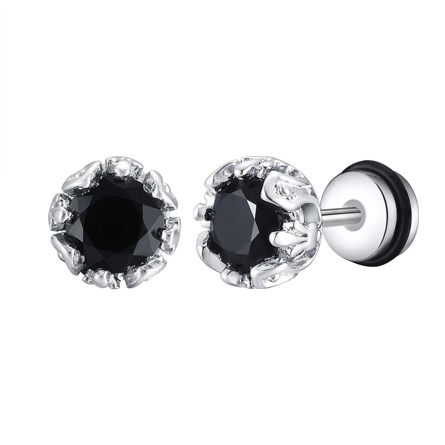 Stainless Steel Black Onyx Cubic Zircon Earrings for Men