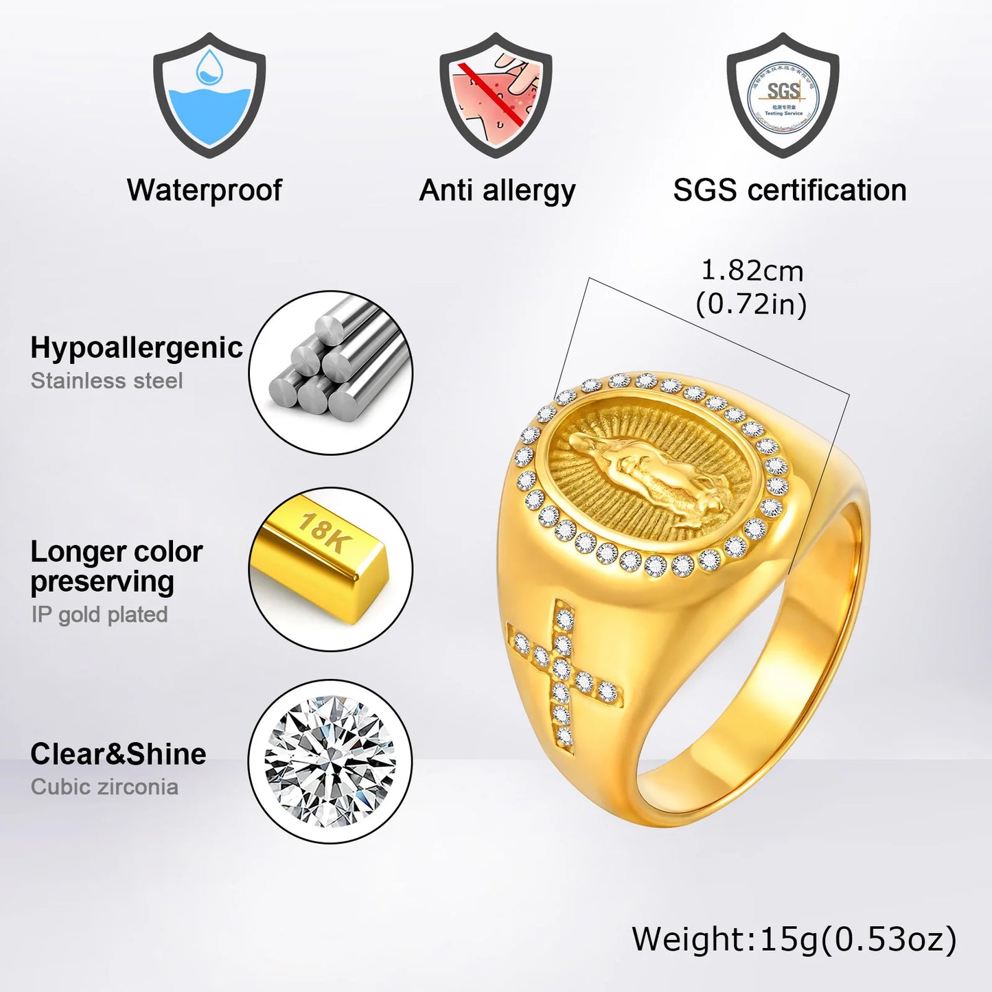 Stainless Steel Virgin Mary Cross Ring for Men