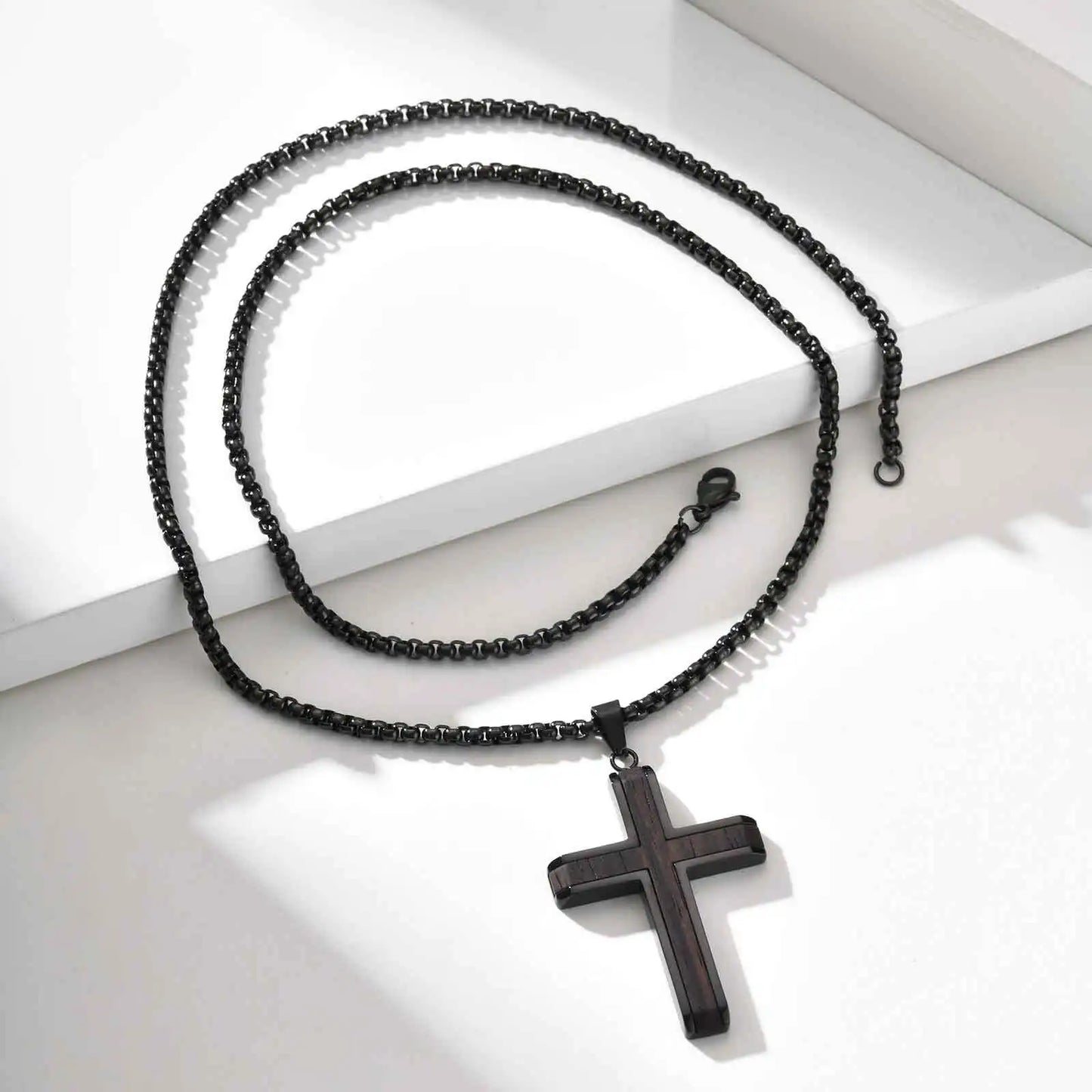 Black Wood Faith Cross Pendant Necklace for Men