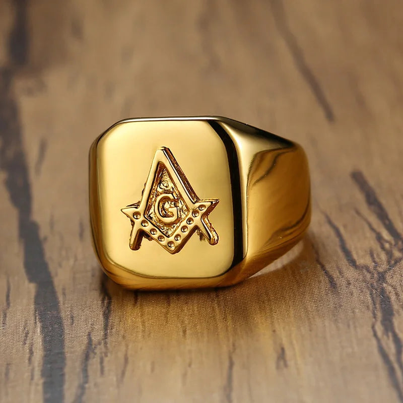 Gold Color Men's Masonic Compass Square Free Mason Ring