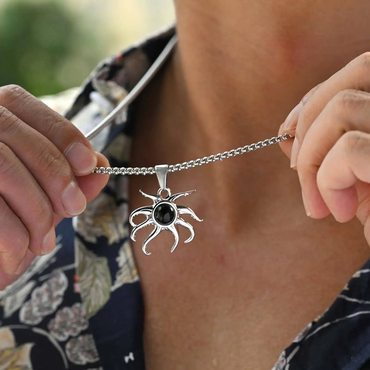 Black Agate Octopus Pendant Necklace for Men