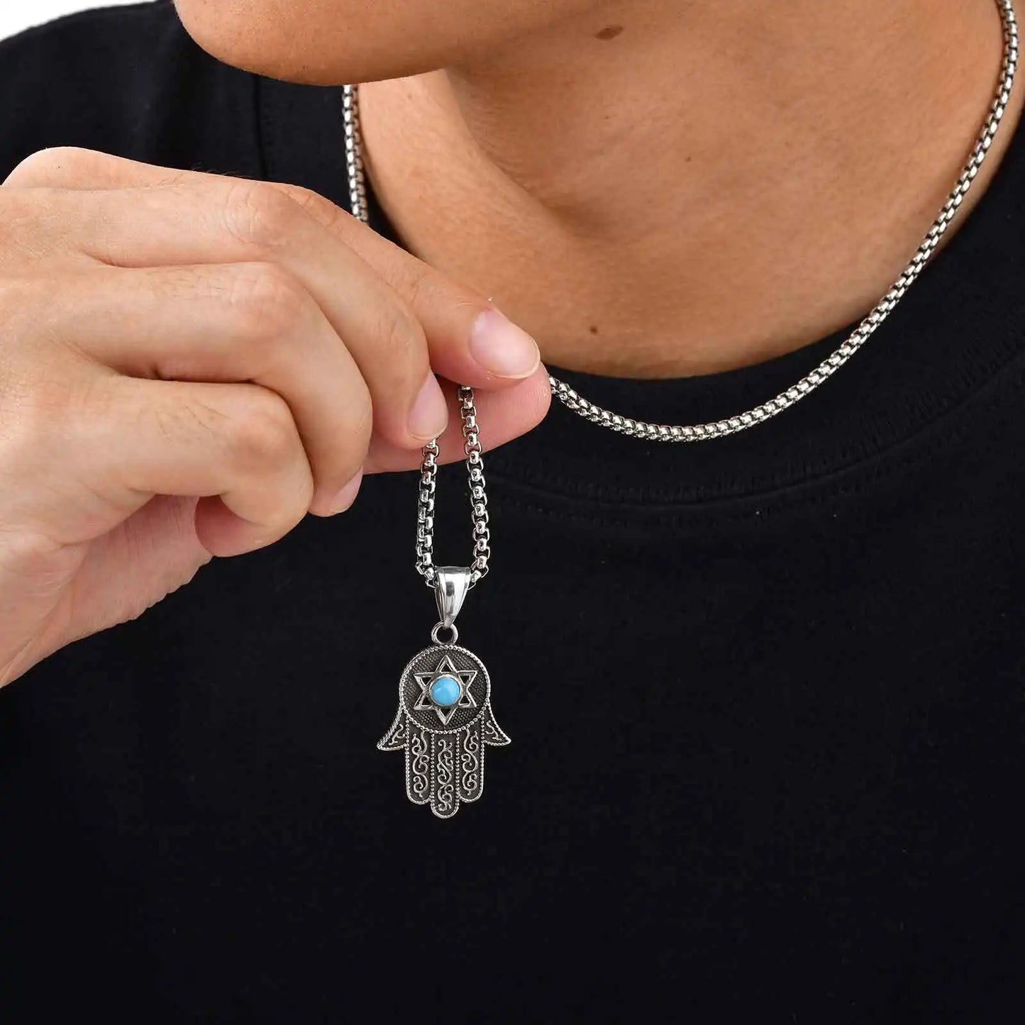 Hexagram Turquoise Pendant Box Chain Necklace for Men