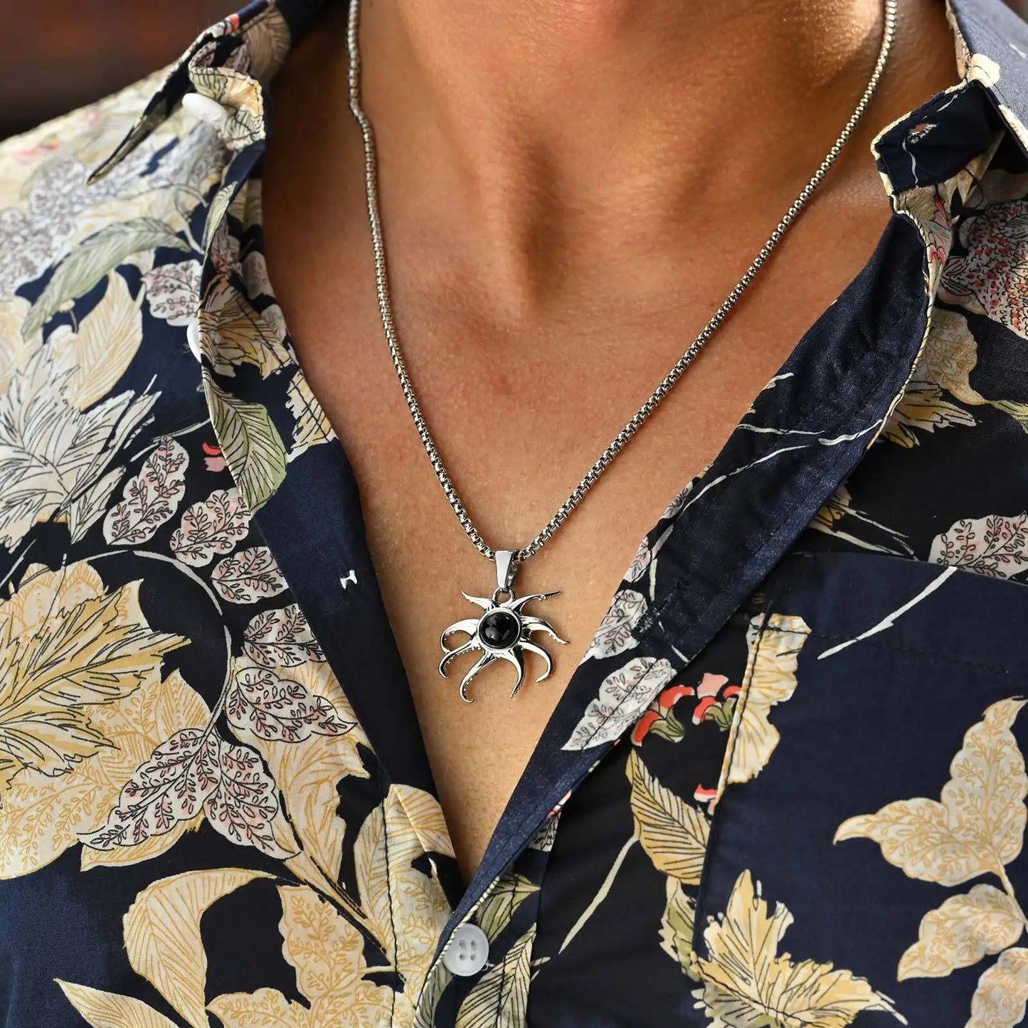 Black Agate Octopus Pendant Necklace for Men