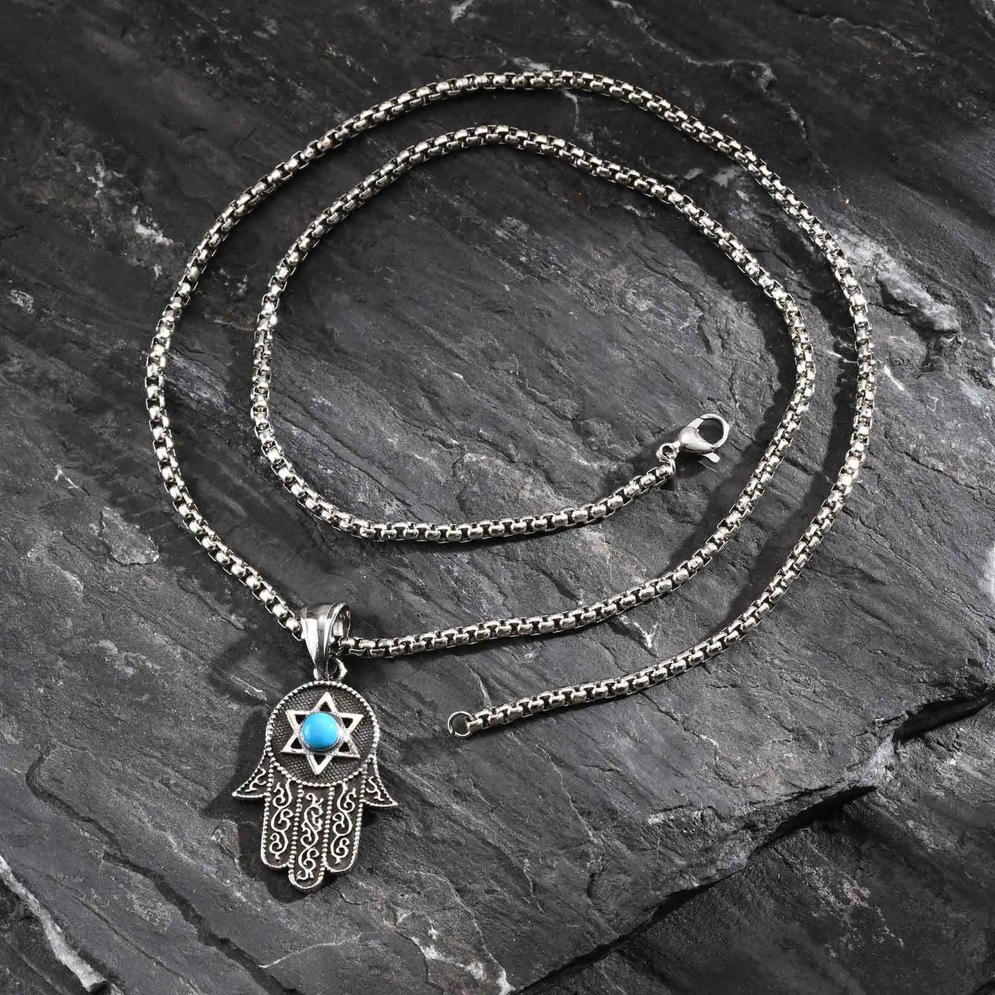 Hexagram Turquoise Pendant Box Chain Necklace for Men