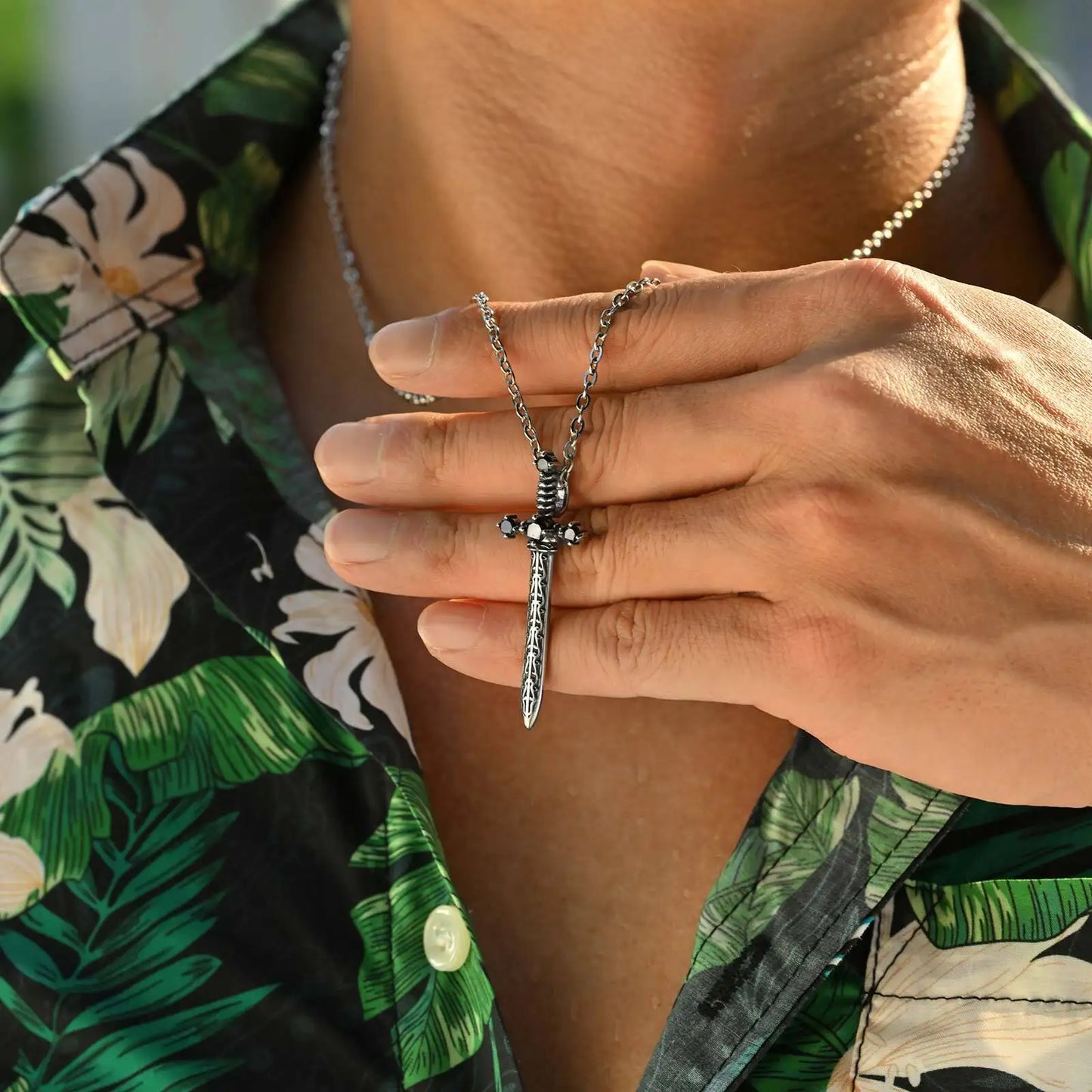 Stainless Steel Sword Pendant Necklace with Black Zircon Design