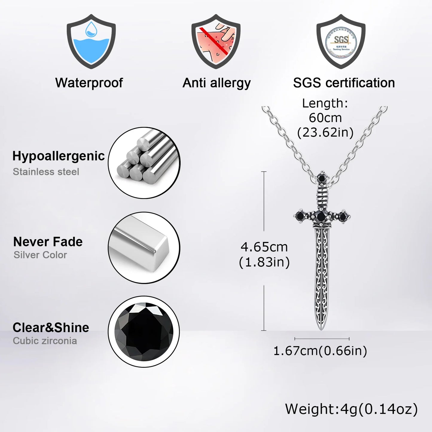 Stainless Steel Sword Pendant Necklace with Black Zircon Design