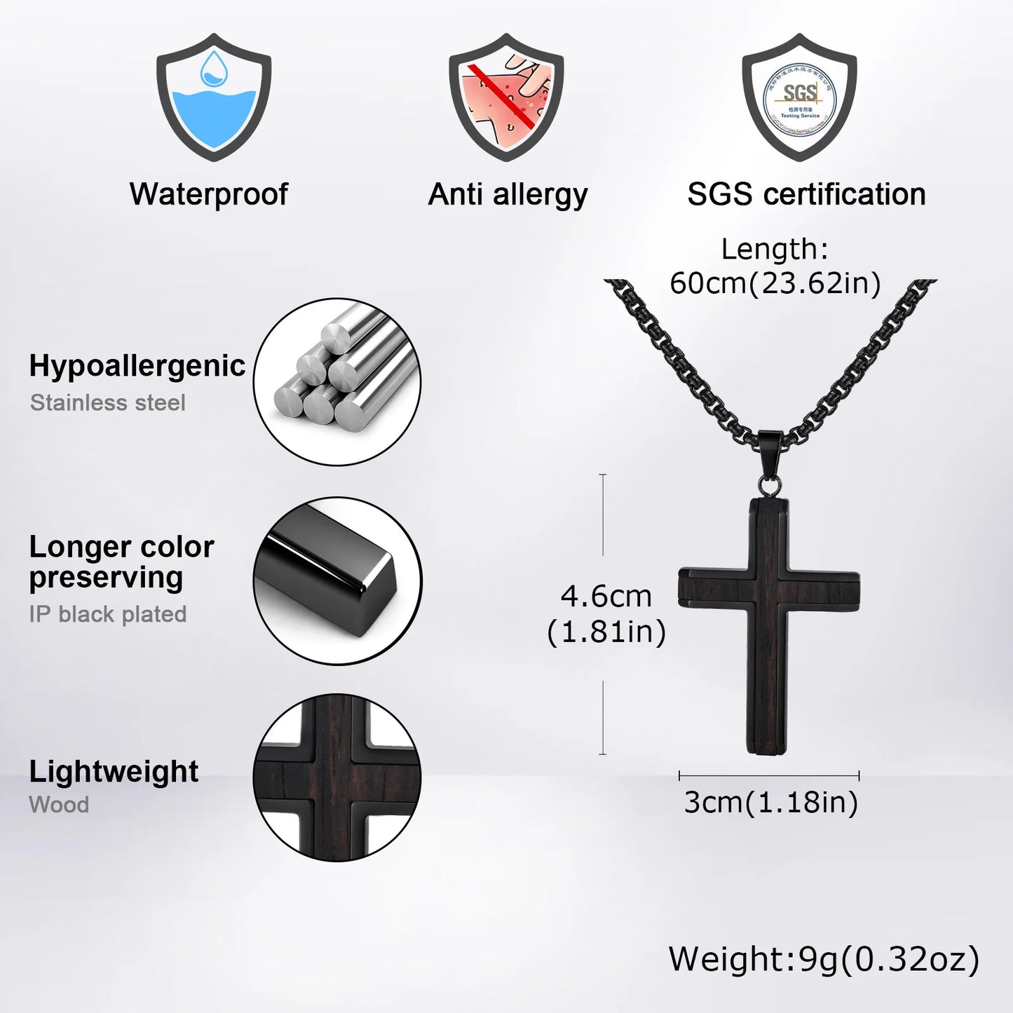 Black Wood Faith Cross Pendant Necklace for Men