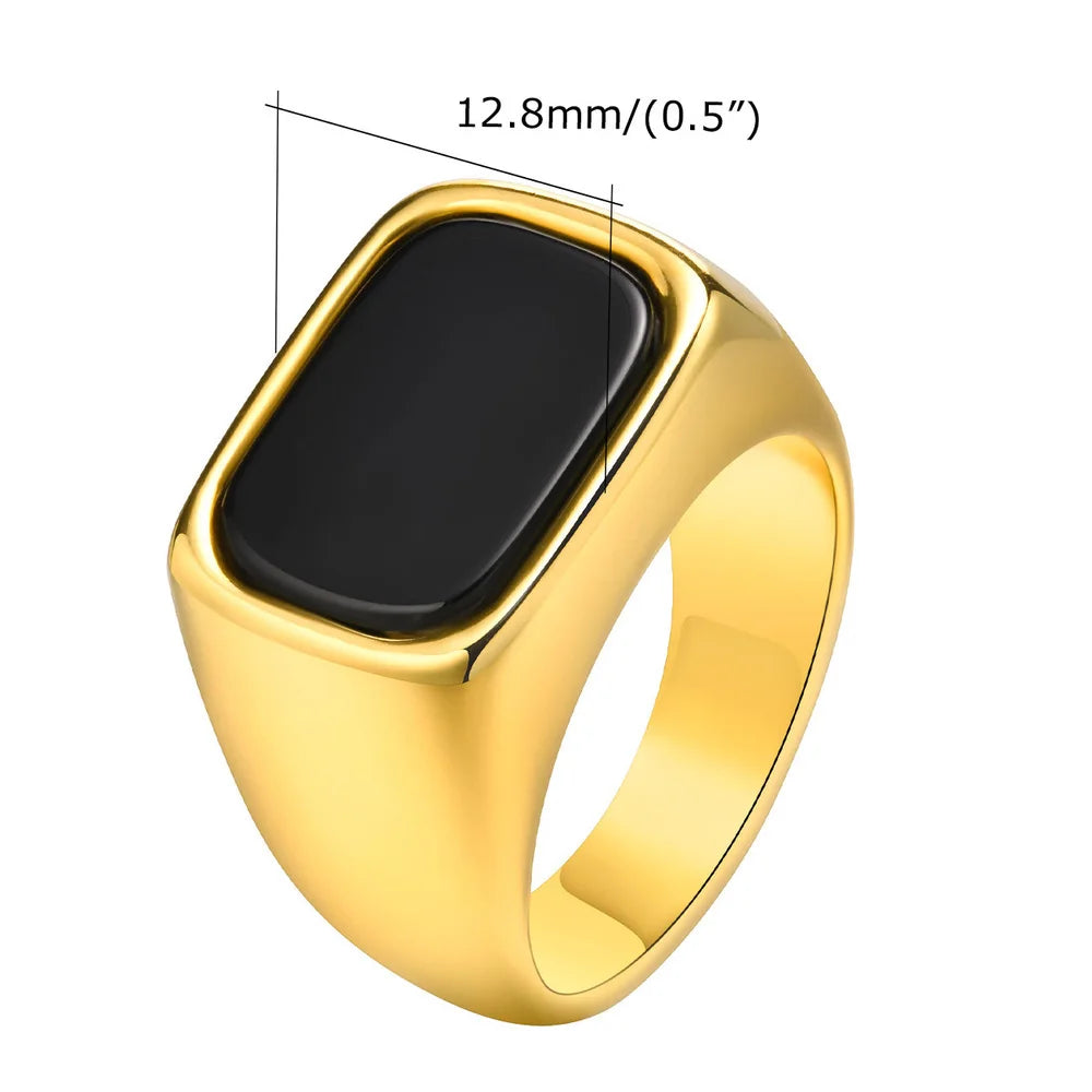 Men's Stainless Steel Geometric Glass Stone Signet Ring