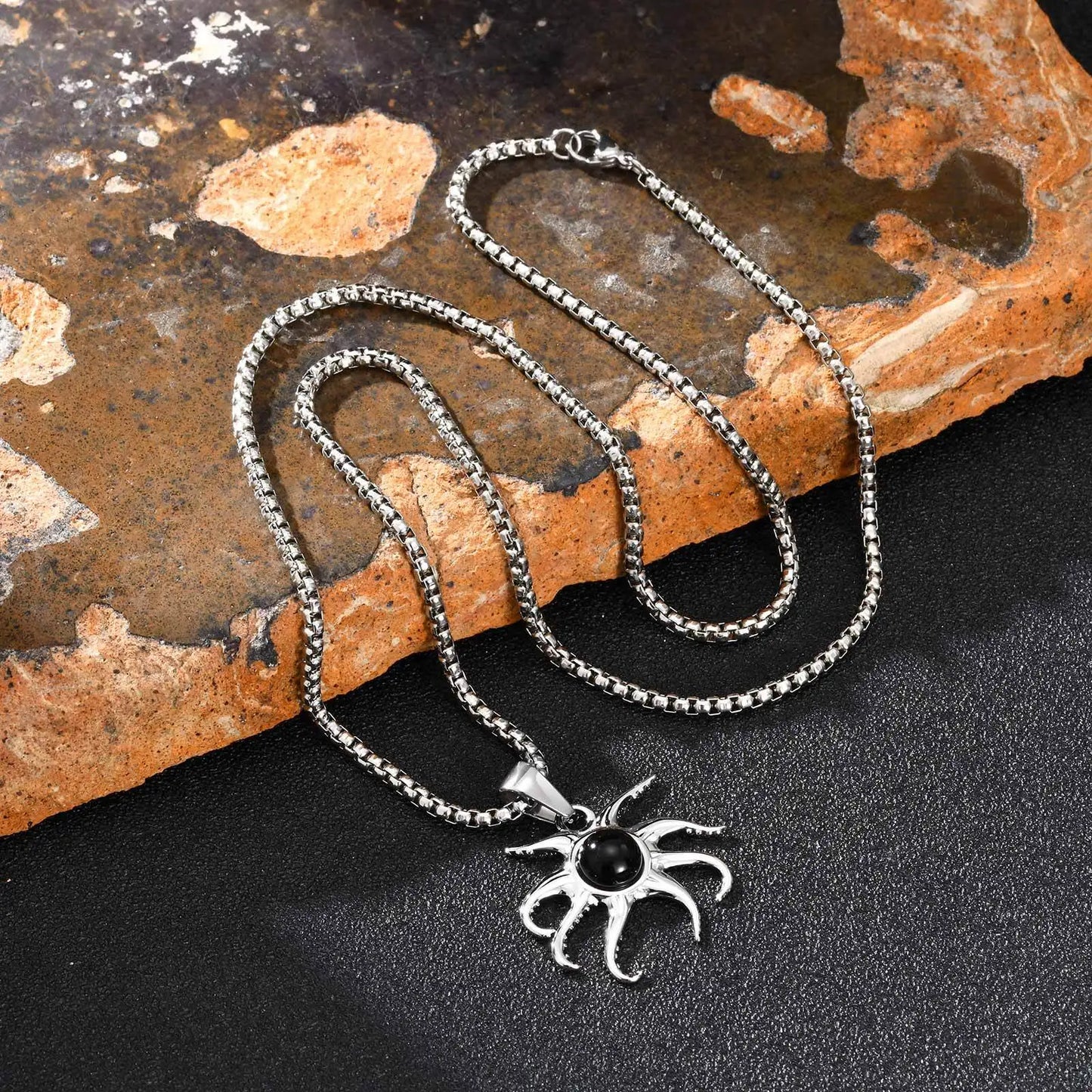 Black Agate Octopus Pendant Necklace for Men