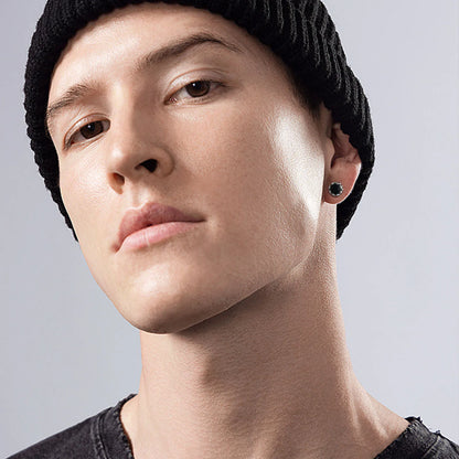 Stainless Steel Black Onyx Cubic Zircon Earrings for Men