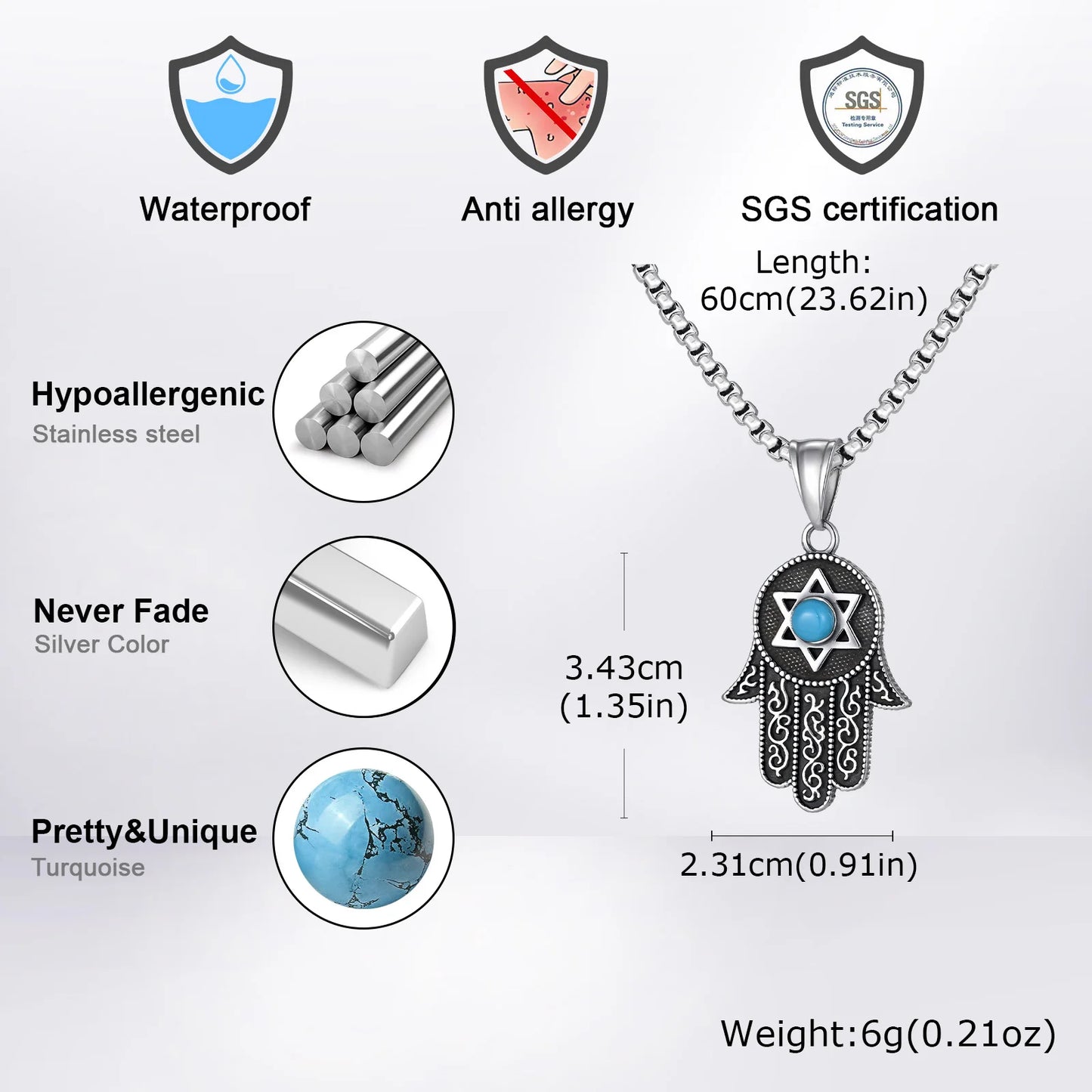 Hexagram Turquoise Pendant Box Chain Necklace for Men