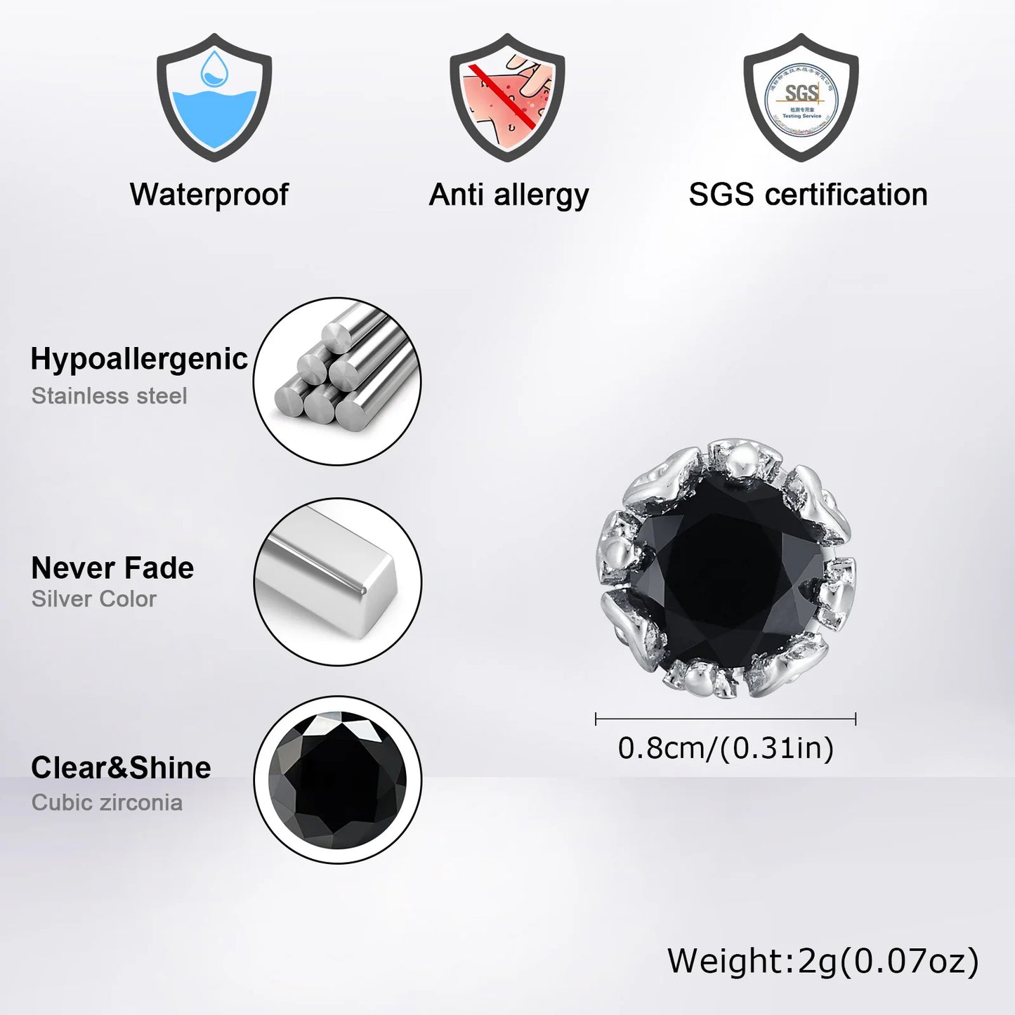 Stainless Steel Black Onyx Cubic Zircon Earrings for Men