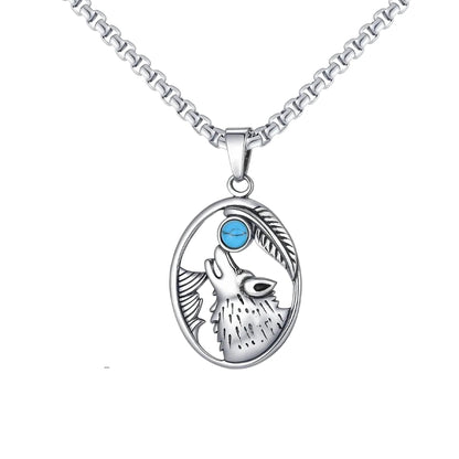 Wolf Head Turquoise Pendant Necklace for Men