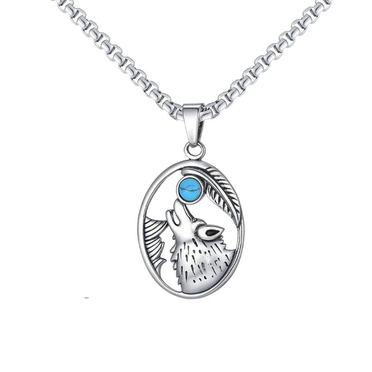 Wolf Head Turquoise Pendant Necklace for Men