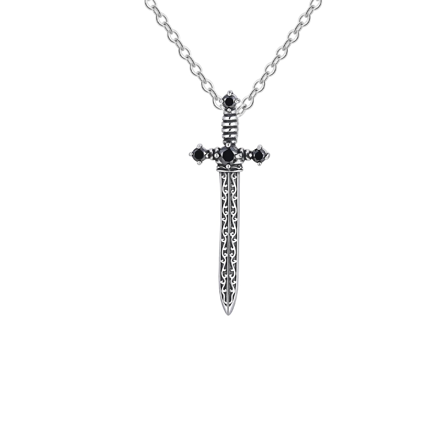 Stainless Steel Sword Pendant Necklace with Black Zircon Design