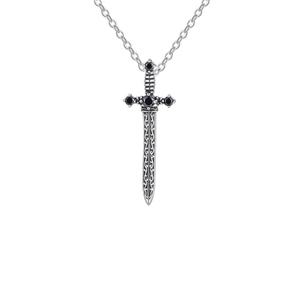 Stainless Steel Sword Pendant Necklace with Black Zircon Design