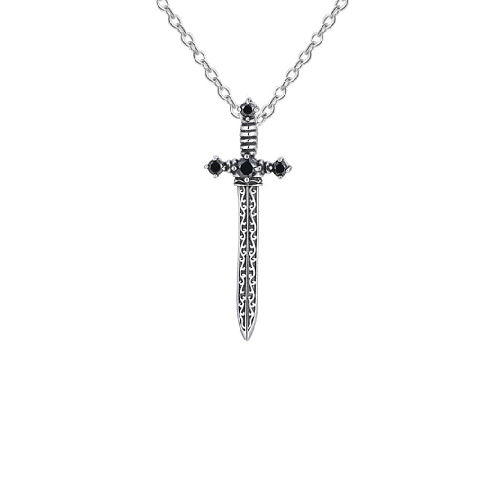 Stainless Steel Sword Pendant Necklace with Black Zircon Design