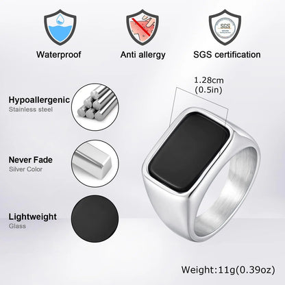 Men's Stainless Steel Geometric Glass Stone Signet Ring