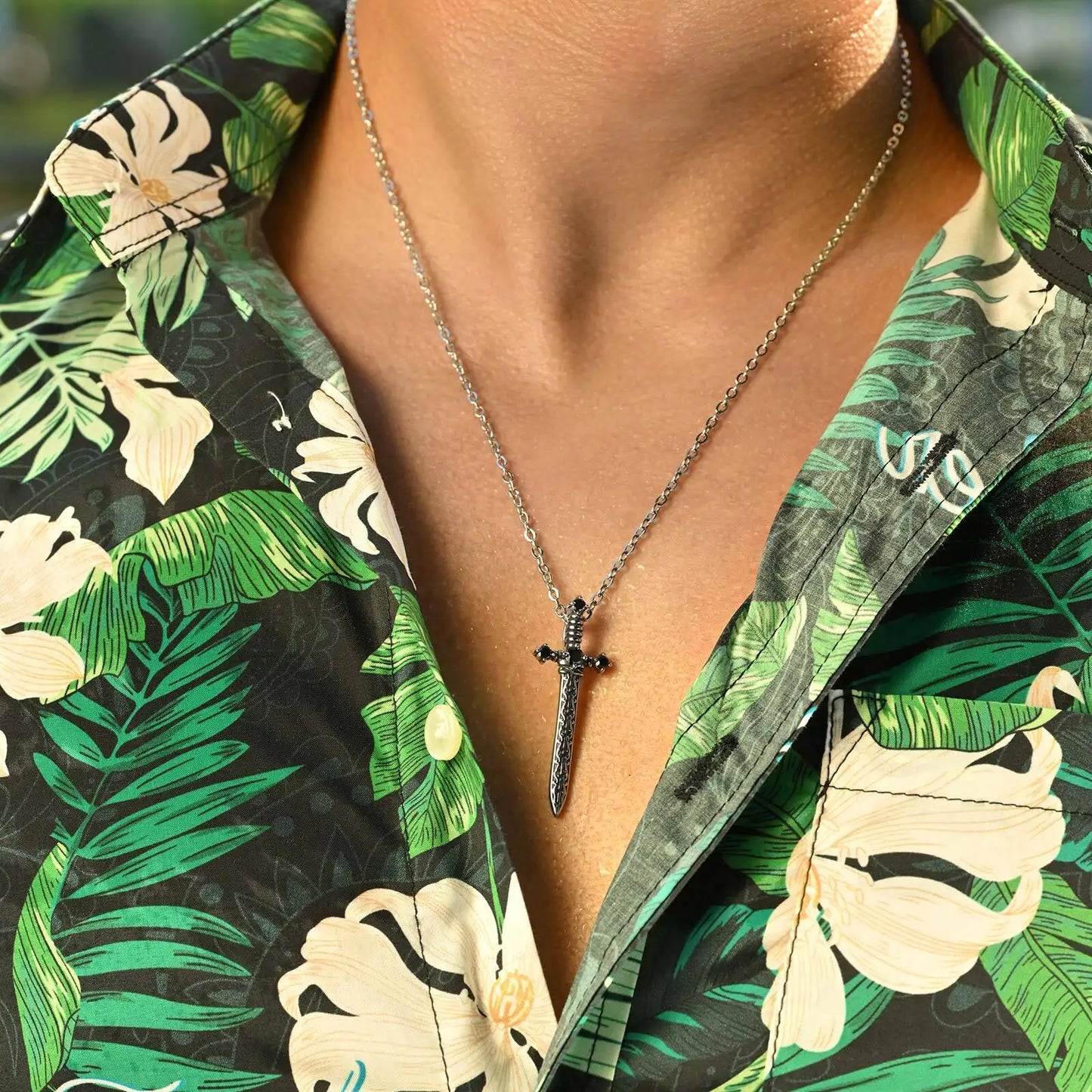 Stainless Steel Sword Pendant Necklace with Black Zircon Design