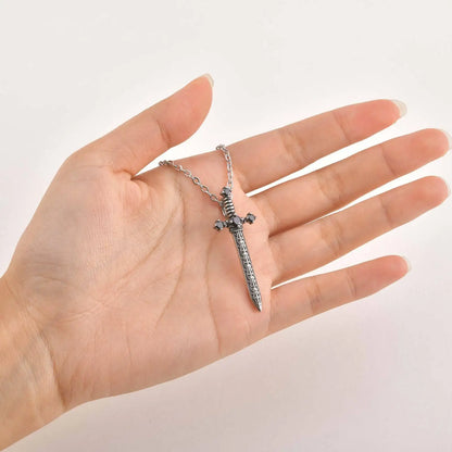 Stainless Steel Sword Pendant Necklace with Black Zircon Design